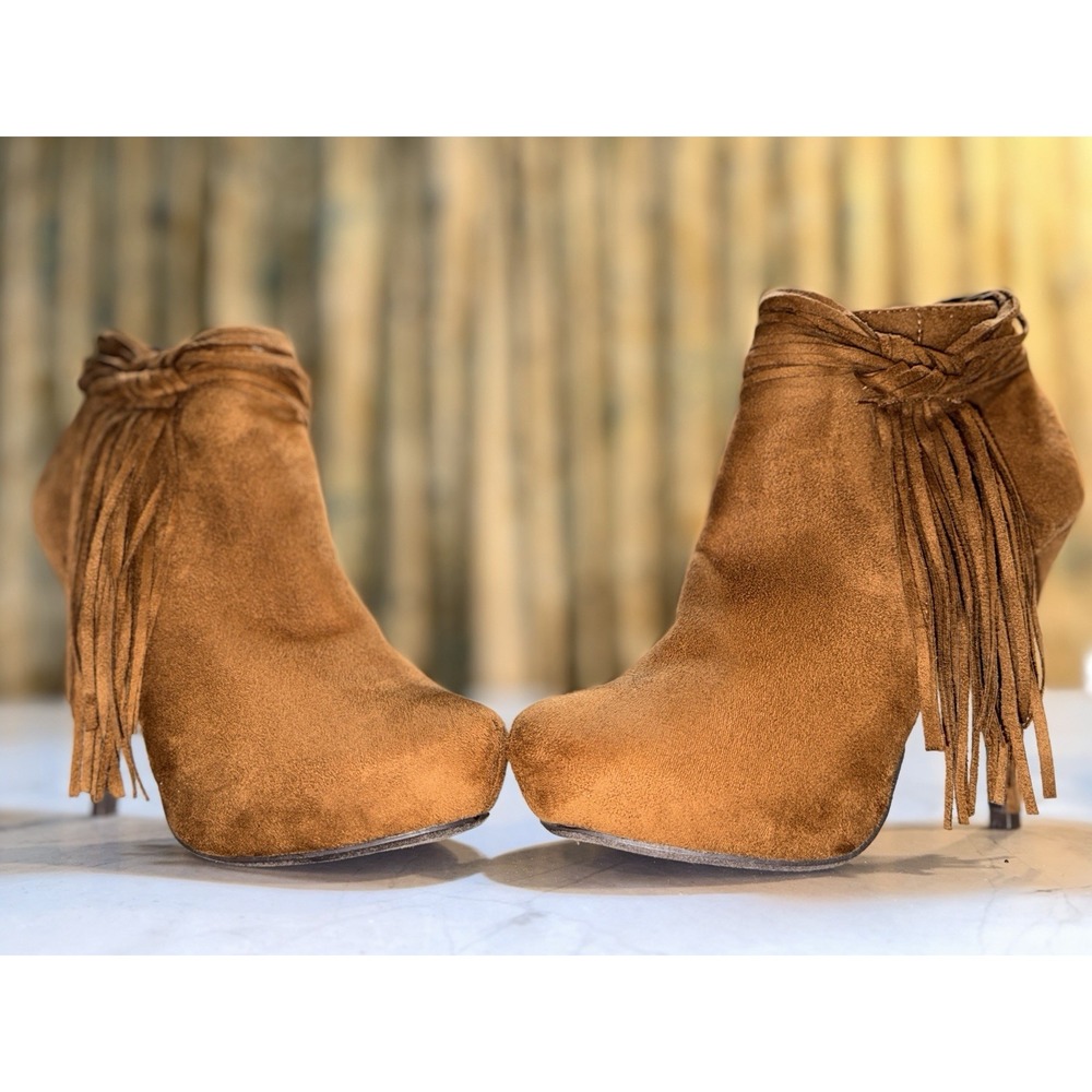 Madeline Girl Fringe Ankle Booties Womens 7.5M Brown Suede Stiletto Heels